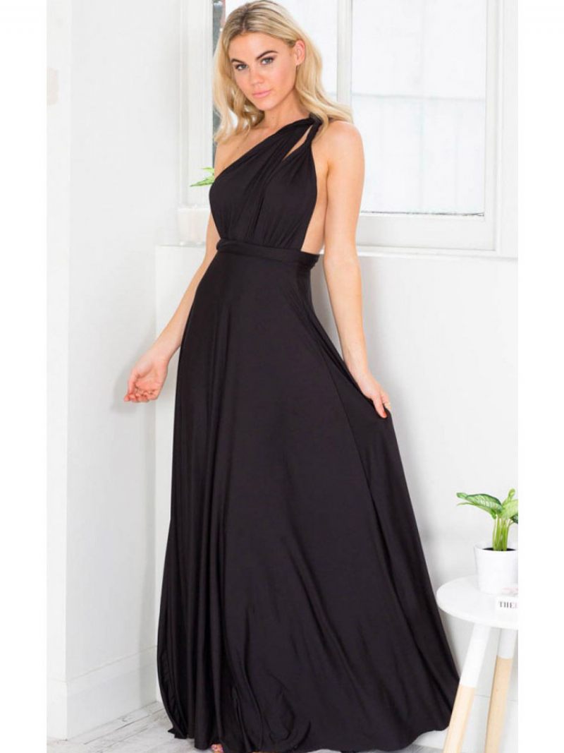 Robe Maxi Sexy D'anniversaire Pour Femmes Sans Manches Col Plongeant Dos Nu Couleur Unie Bal - Noir