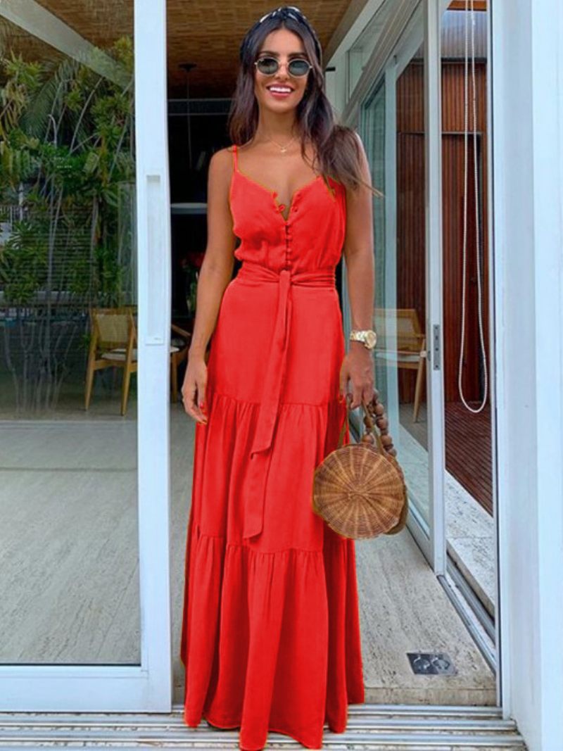 Robe Maxi Slip Boutons Sans Manches Femmes Longue Chaîne Plage - Rouge