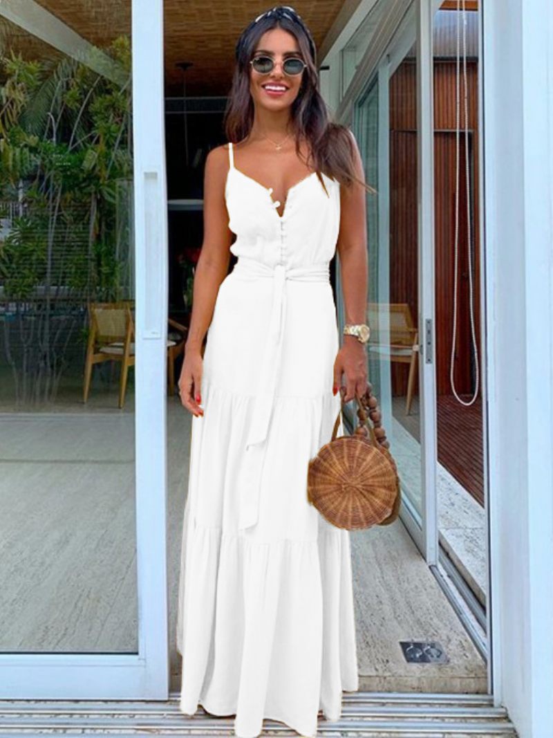 Robe Maxi Slip Boutons Sans Manches Femmes Longue Chaîne Plage - Blanc