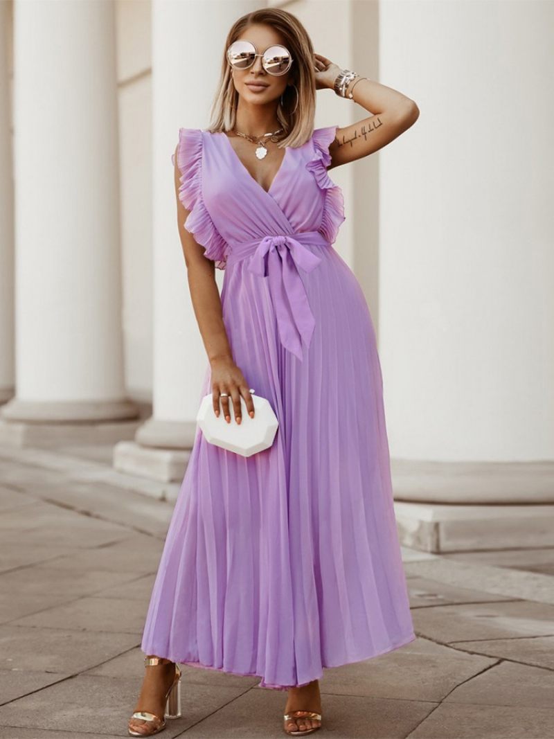 Robe Maxi Violette Pour Femmes Col V Sans Manches À Lacets Décontractée Longueur Au Sol - Violet