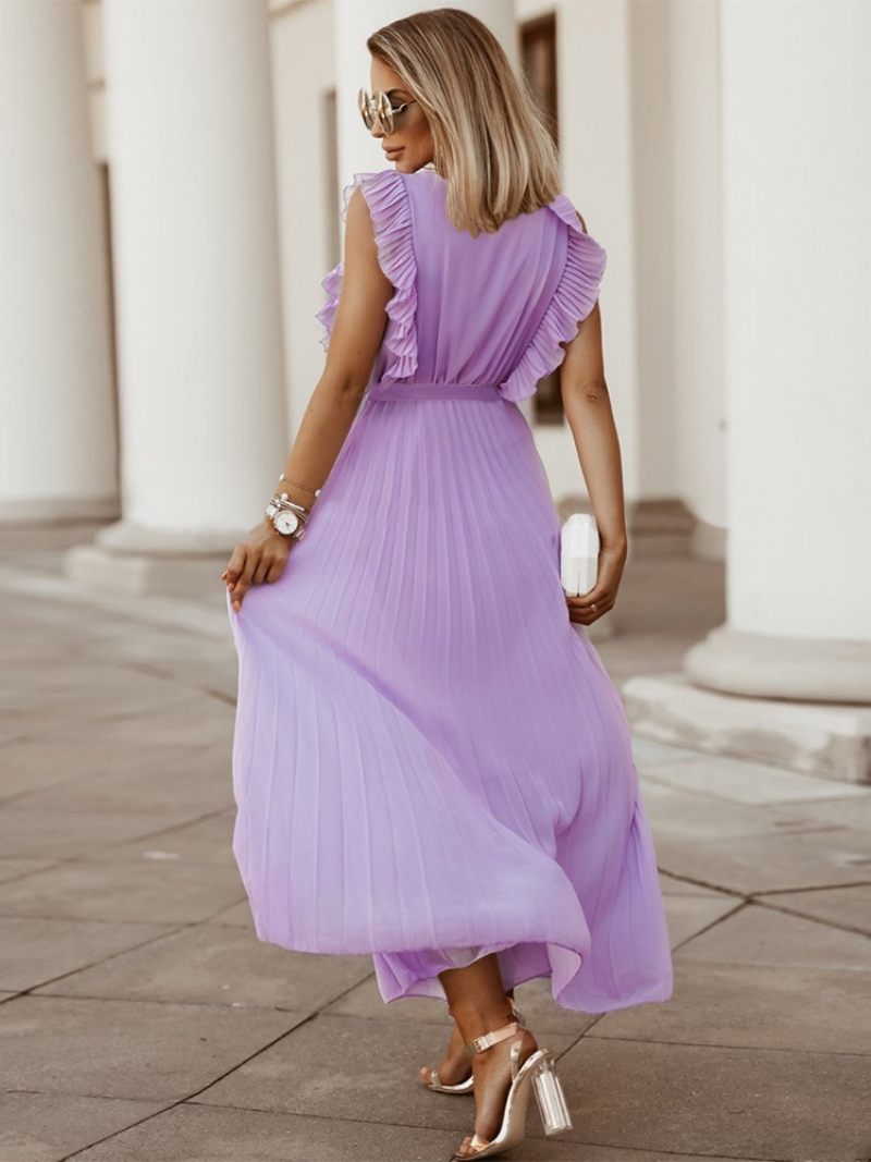 Robe Maxi Violette Pour Femmes Col V Sans Manches À Lacets Décontractée Longueur Au Sol - Violet