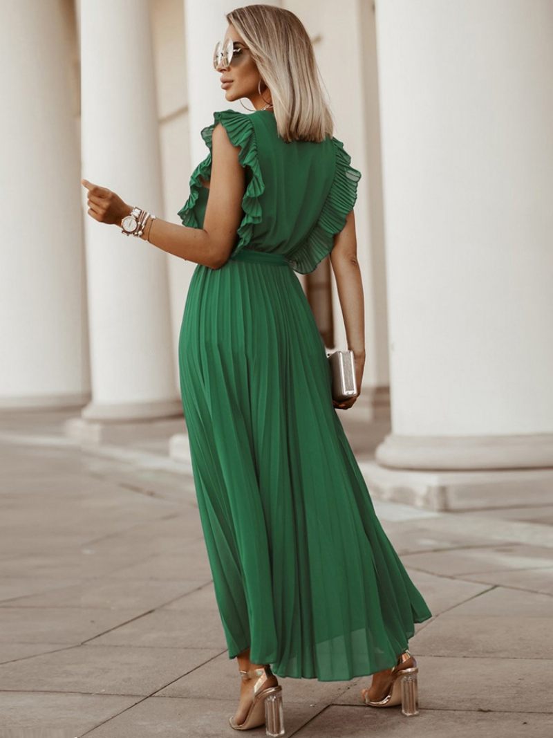 Robe Maxi Violette Pour Femmes Col V Sans Manches À Lacets Décontractée Longueur Au Sol - Vert