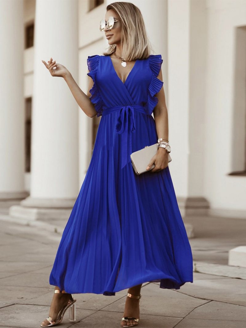 Robe Maxi Violette Pour Femmes Col V Sans Manches À Lacets Décontractée Longueur Au Sol - Bleu Royal