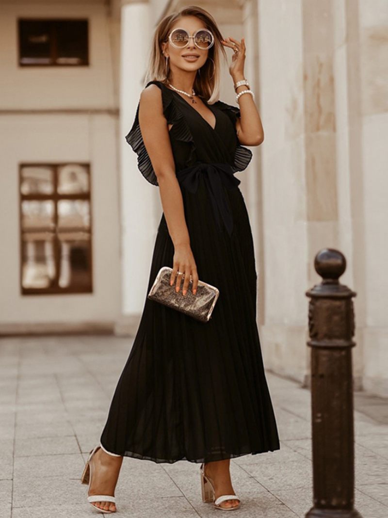 Robe Maxi Violette Pour Femmes Col V Sans Manches À Lacets Décontractée Longueur Au Sol - Noir