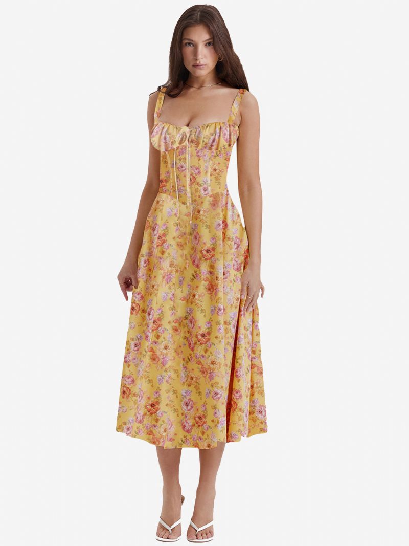 Robe Mi-longue D'été Dorée Pour Femmes Asymétrique Épaule Dénudée À Lacets Plage - Doré