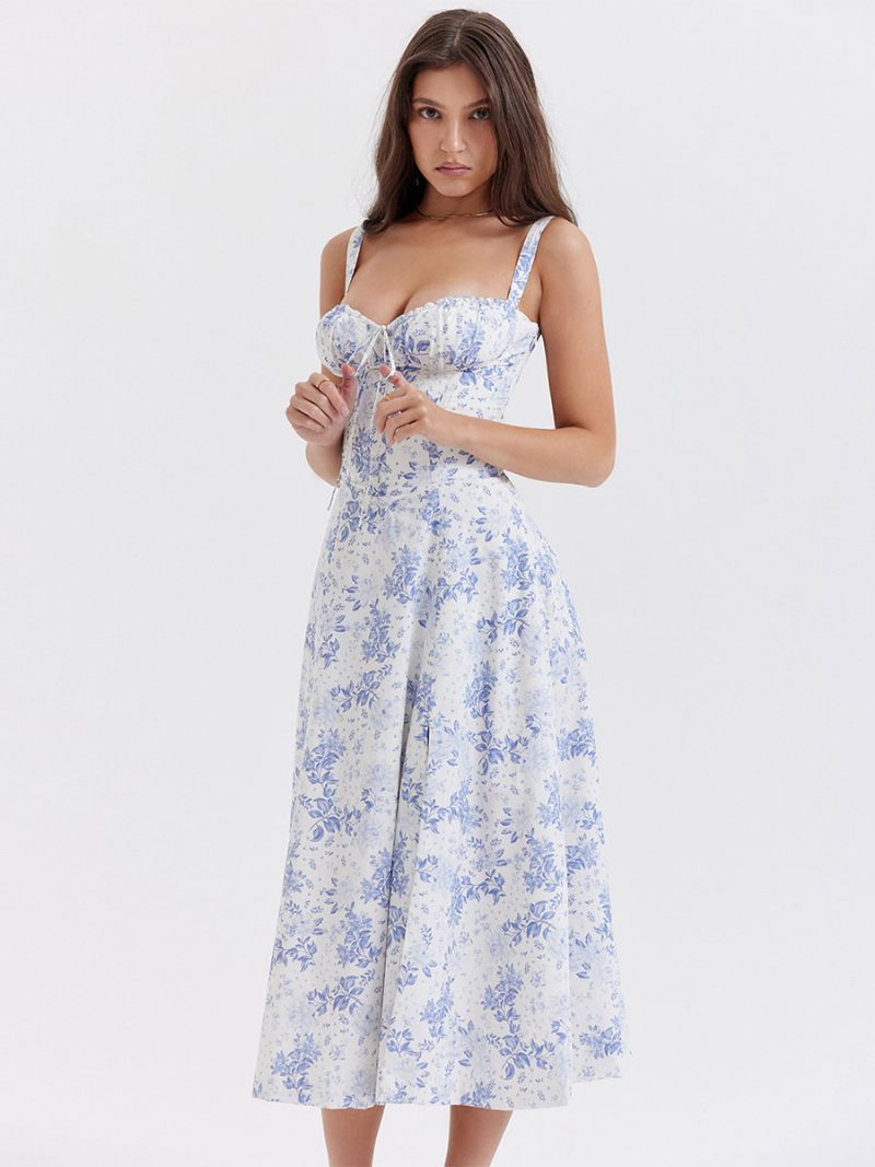 Robe Mi-longue D'été Dorée Pour Femmes Asymétrique Épaule Dénudée À Lacets Plage - Bleu Bébé