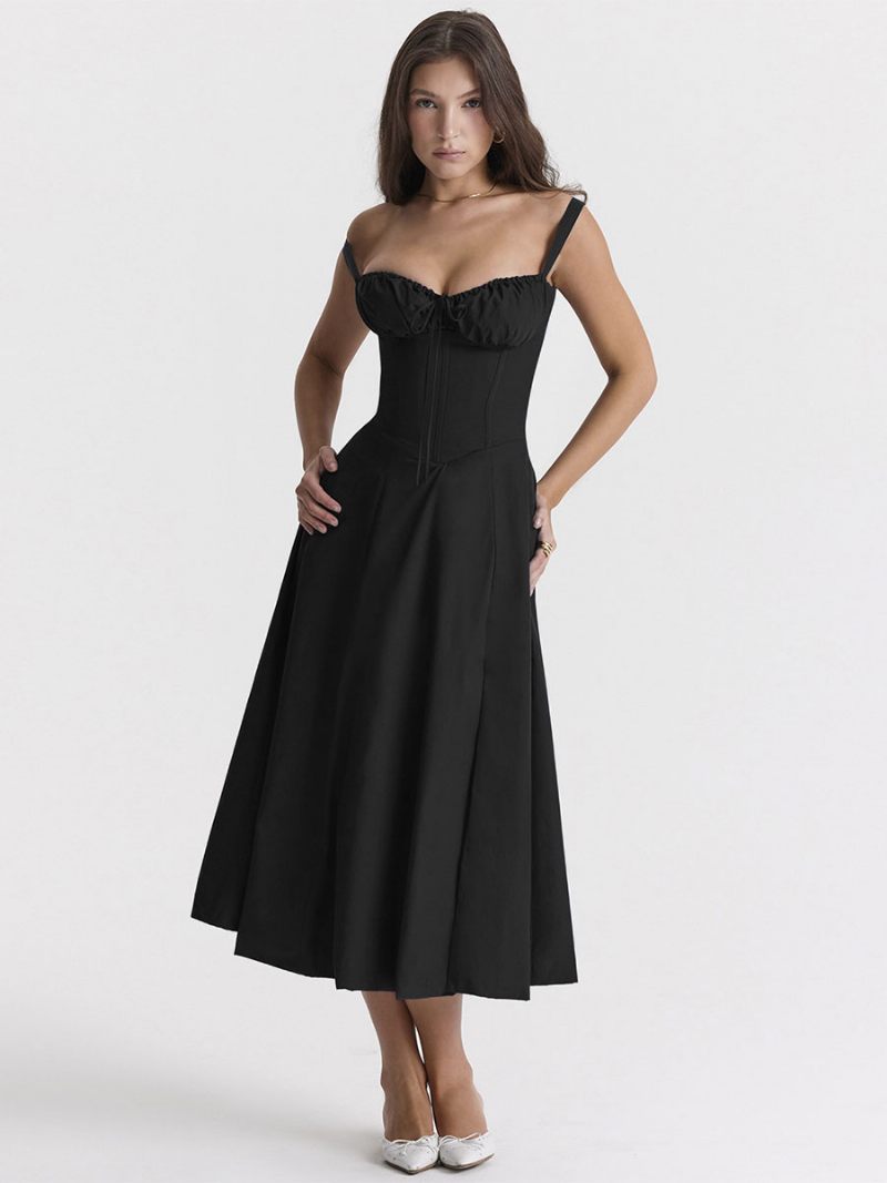 Robe Mi-longue D'été Dorée Pour Femmes Asymétrique Épaule Dénudée À Lacets Plage - Noir