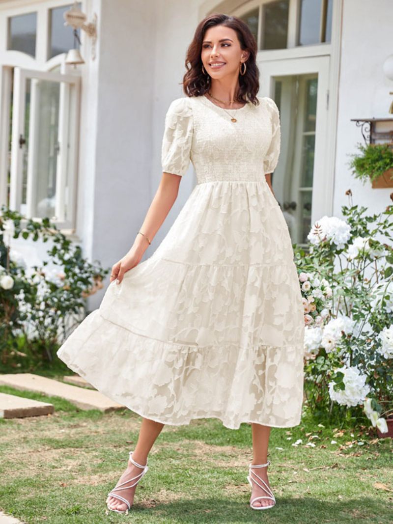 Robe Mi-longue D'été Pour Femmes Écru Blanc Col Bijou Plage Dentelle