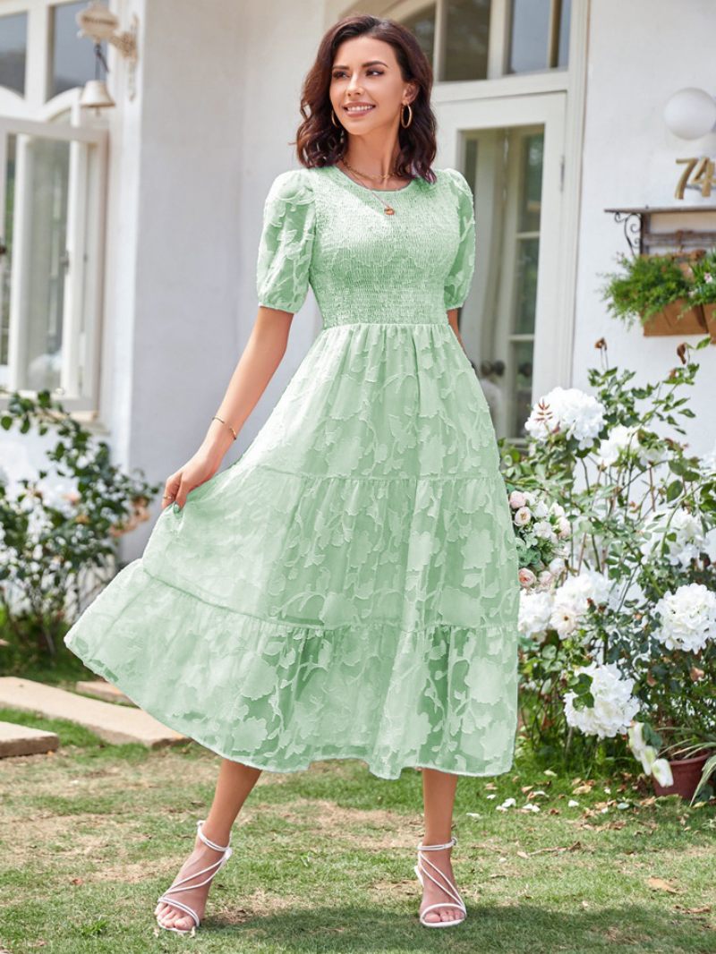 Robe Mi-longue D'été Pour Femmes Écru Blanc Col Bijou Plage Dentelle - Vert Clair