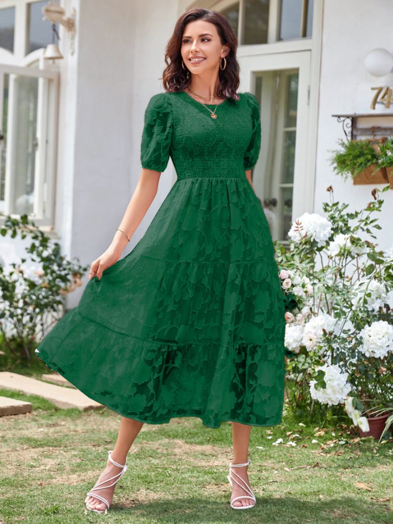 Robe Mi-longue D'été Pour Femmes Écru Blanc Col Bijou Plage Dentelle - Vert Foncé