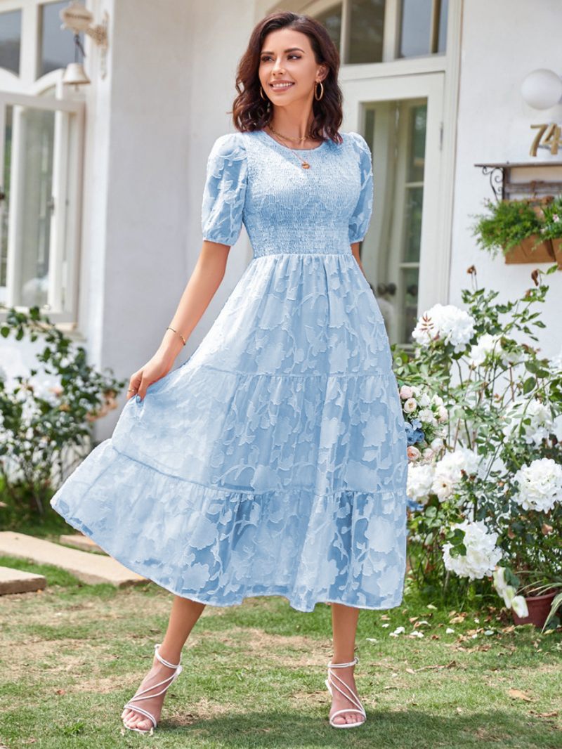 Robe Mi-longue D'été Pour Femmes Écru Blanc Col Bijou Plage Dentelle - Bleu Ciel Clair