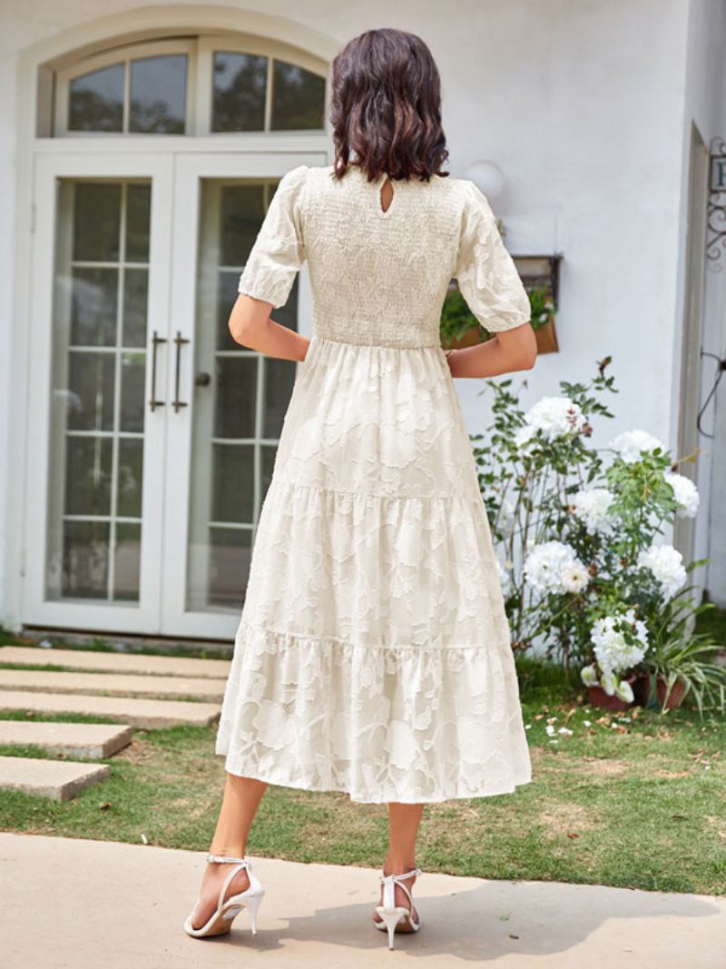 Robe Mi-longue D'été Pour Femmes Écru Blanc Col Bijou Plage Dentelle - Beige