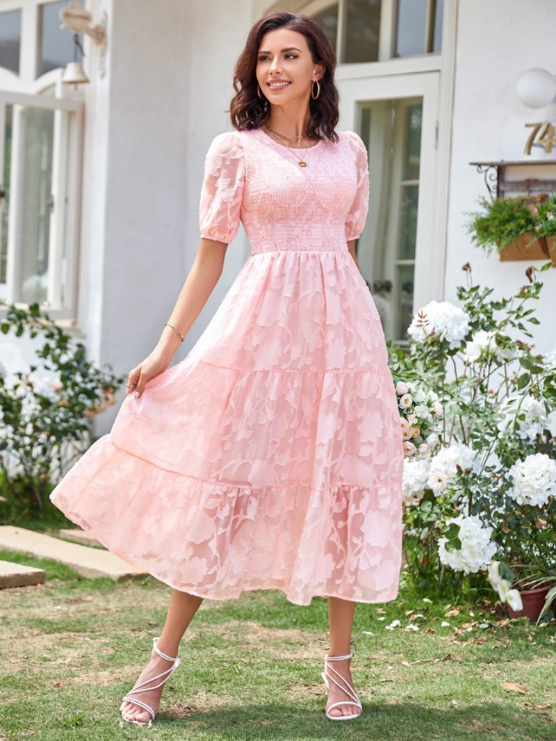 Robe Mi-longue D'été Pour Femmes Écru Blanc Col Bijou Plage Dentelle - Rose