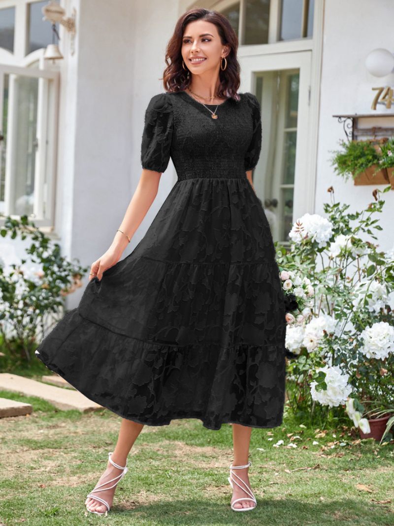 Robe Mi-longue D'été Pour Femmes Écru Blanc Col Bijou Plage Dentelle - Noir