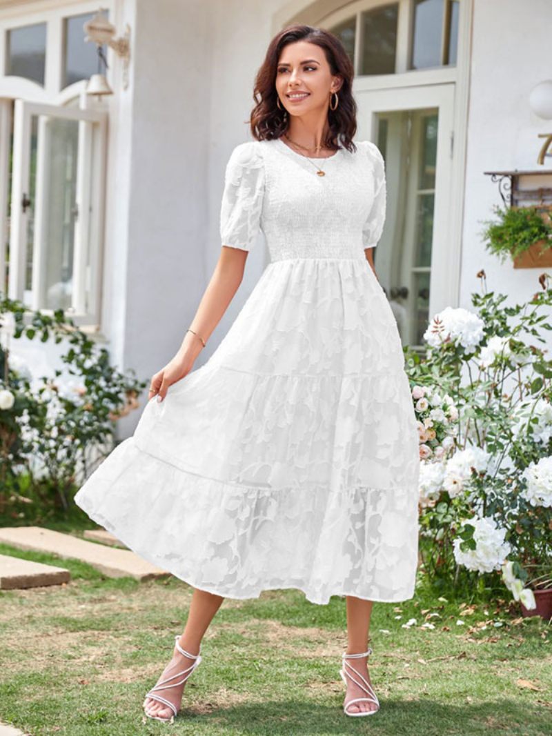 Robe Mi-longue D'été Pour Femmes Écru Blanc Col Bijou Plage Dentelle - Blanc