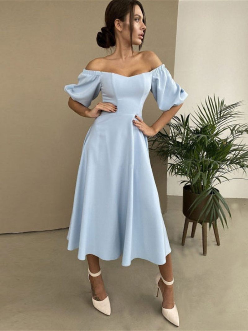 Robe Mi-longue Pour Femme Col Bateau Demi-manches Bal Semi-formelle - Bleu Bébé