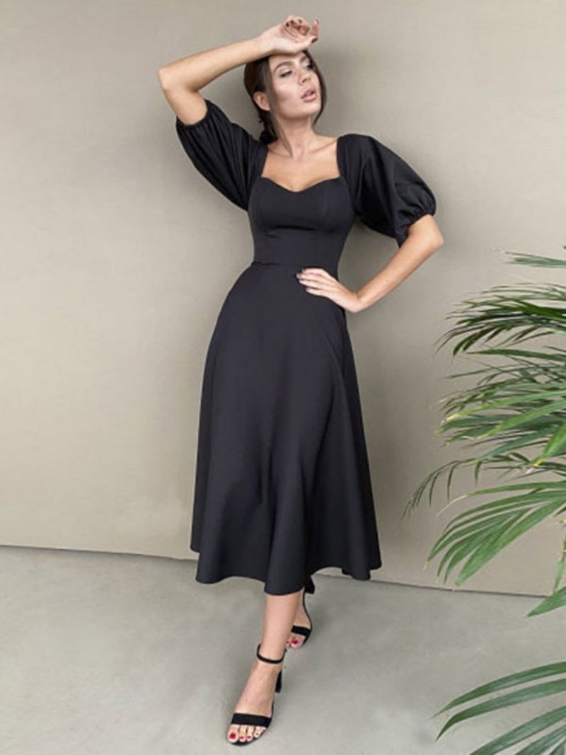 Robe Mi-longue Pour Femme Col Bateau Demi-manches Bal Semi-formelle - Noir