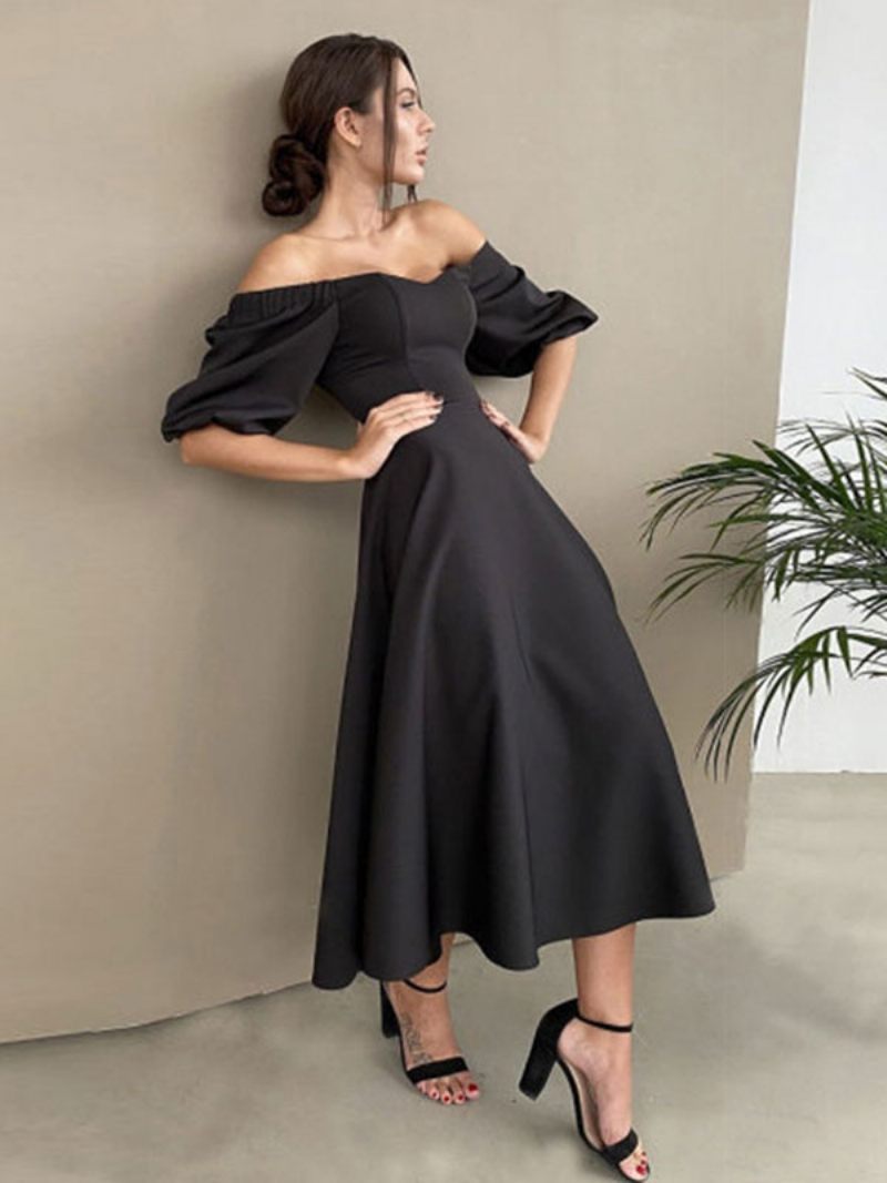 Robe Mi-longue Pour Femme Col Bateau Demi-manches Bal Semi-formelle - Noir