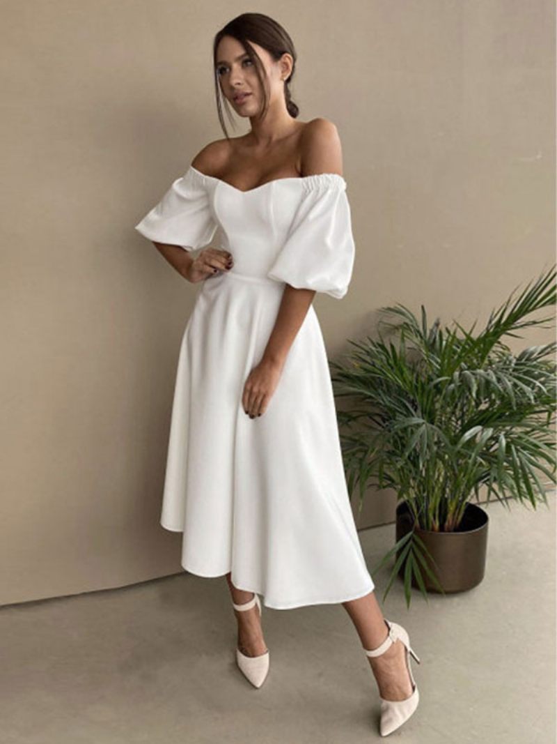 Robe Mi-longue Pour Femme Col Bateau Demi-manches Bal Semi-formelle - Blanc