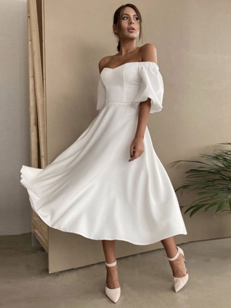 Robe Mi-longue Pour Femme Col Bateau Demi-manches Bal Semi-formelle - Blanc