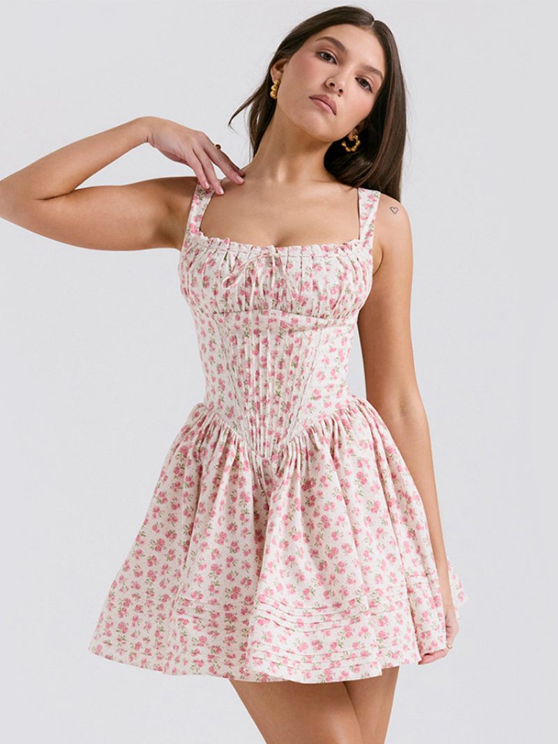 Robe Mini À Fleurs Pour Femmes Imprimé Floral Bretelles Lacets Cou Sans Manches Couture Ouverte Élégante Courte D'automne - Rose