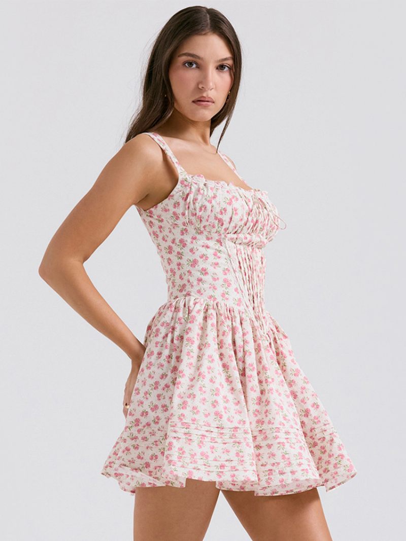 Robe Mini À Fleurs Pour Femmes Imprimé Floral Bretelles Lacets Cou Sans Manches Couture Ouverte Élégante Courte D'automne - Rose