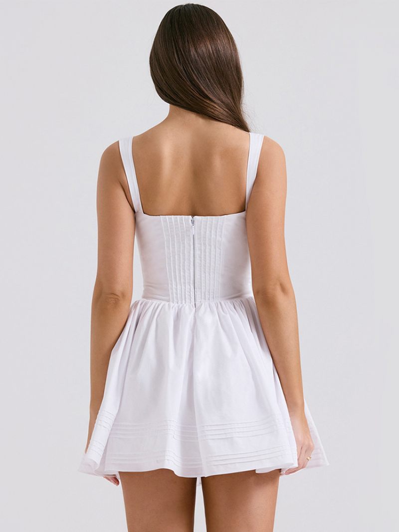 Robe Mini À Fleurs Pour Femmes Imprimé Floral Bretelles Lacets Cou Sans Manches Couture Ouverte Élégante Courte D'automne - Blanc