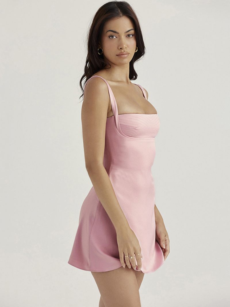 Robe Moulante Pour Femmes Col Carré Bretelles Dos Nu Fermeture Éclair Mini Robes Soirée Sexy - Rose