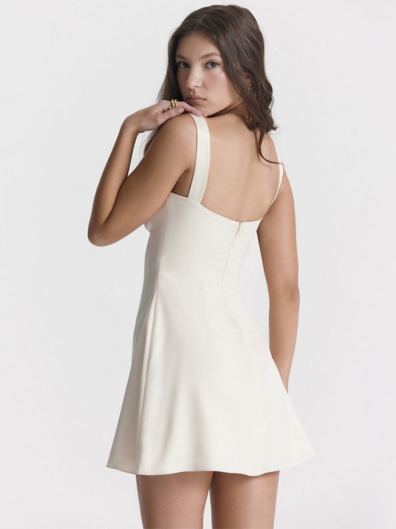 Robe Moulante Pour Femmes Col Carré Bretelles Dos Nu Fermeture Éclair Mini Robes Soirée Sexy - Blanc