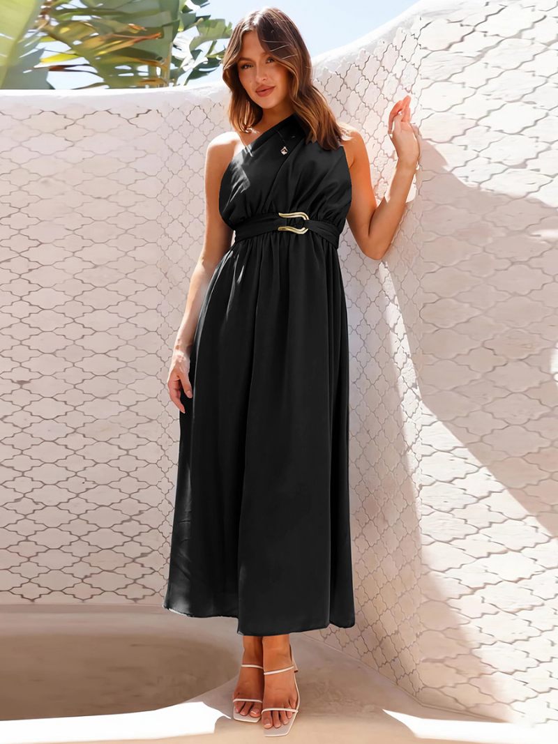 Robe Soirée Pour Femmes Asymétrique Épaule Dénudée Sans Manches Détails Métalliques Robes Mi-longues Asymétriques Unies