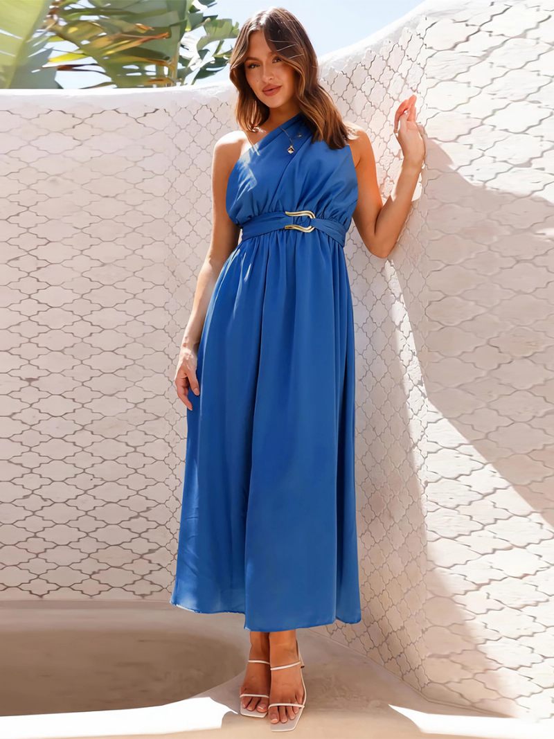 Robe Soirée Pour Femmes Asymétrique Épaule Dénudée Sans Manches Détails Métalliques Robes Mi-longues Asymétriques Unies - Bleu