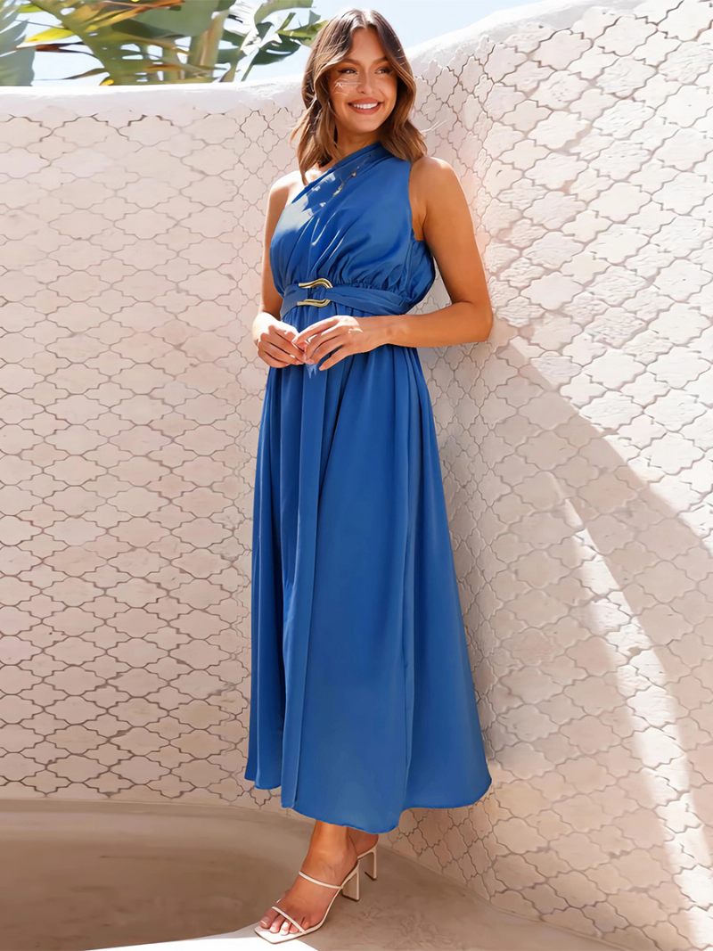 Robe Soirée Pour Femmes Asymétrique Épaule Dénudée Sans Manches Détails Métalliques Robes Mi-longues Asymétriques Unies - Bleu