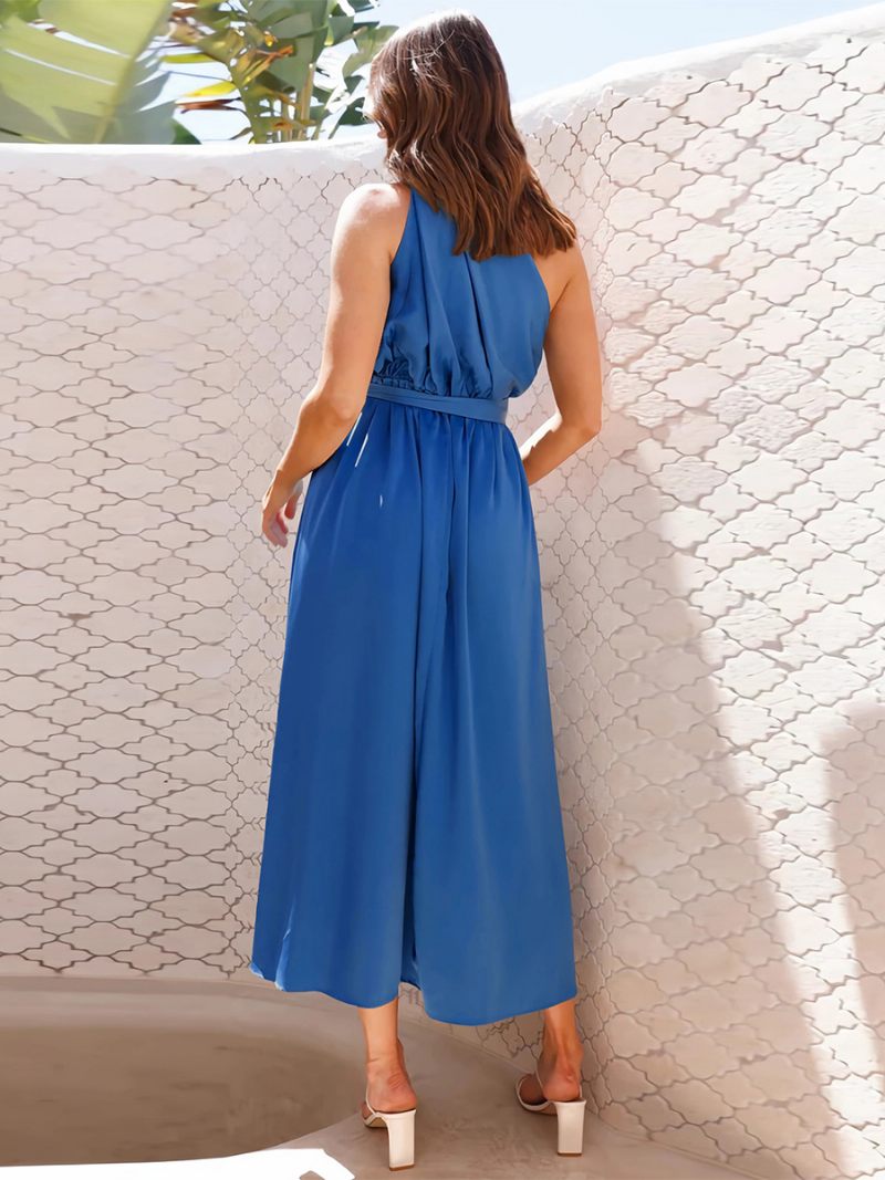 Robe Soirée Pour Femmes Asymétrique Épaule Dénudée Sans Manches Détails Métalliques Robes Mi-longues Asymétriques Unies - Bleu