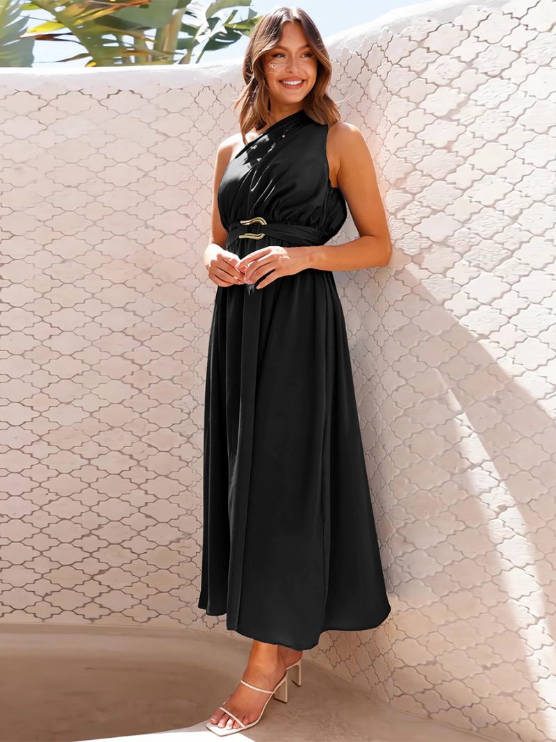 Robe Soirée Pour Femmes Asymétrique Épaule Dénudée Sans Manches Détails Métalliques Robes Mi-longues Asymétriques Unies - Noir