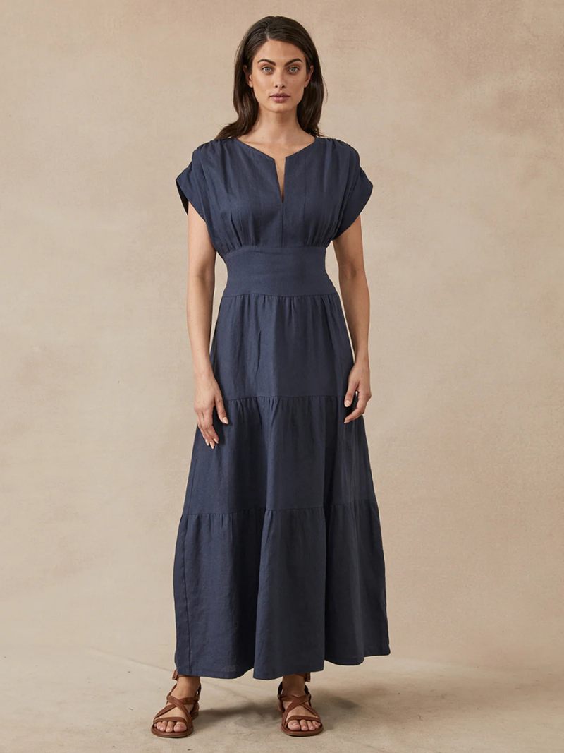 Robe Soirée Pour Femmes Bleu Marine Foncé Col Orné Ceinture Manches Courtes Imprimé Floral Semi-formelle