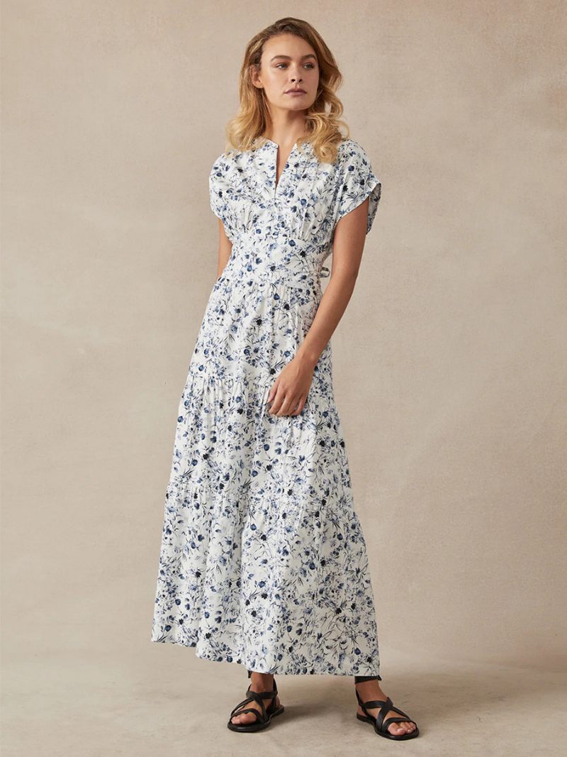 Robe Soirée Pour Femmes Bleu Marine Foncé Col Orné Ceinture Manches Courtes Imprimé Floral Semi-formelle - Bleu