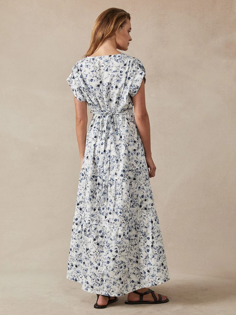 Robe Soirée Pour Femmes Bleu Marine Foncé Col Orné Ceinture Manches Courtes Imprimé Floral Semi-formelle - Bleu