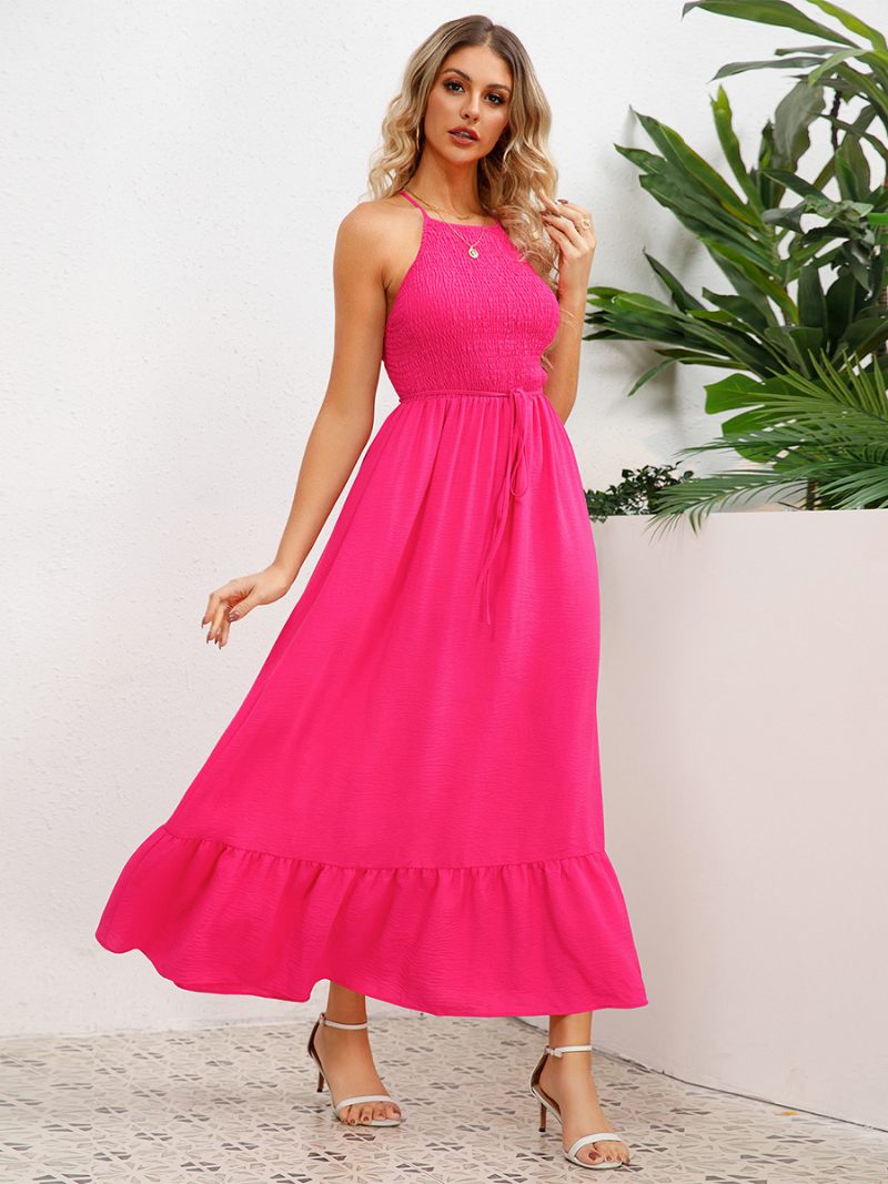 Robe Soirée Pour Femmes Col Licou Dos Ouvert Plissée Ceinture Sur Le Devant Robes Mi-longues À Plusieurs Niveaux - Rose