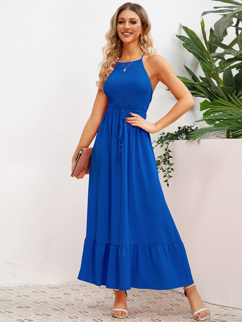 Robe Soirée Pour Femmes Col Licou Dos Ouvert Plissée Ceinture Sur Le Devant Robes Mi-longues À Plusieurs Niveaux - Bleu