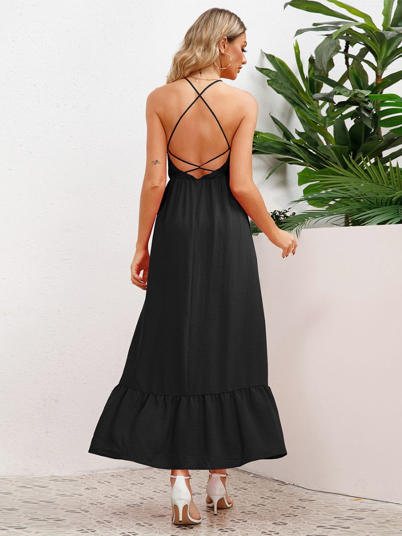 Robe Soirée Pour Femmes Col Licou Dos Ouvert Plissée Ceinture Sur Le Devant Robes Mi-longues À Plusieurs Niveaux - Noir