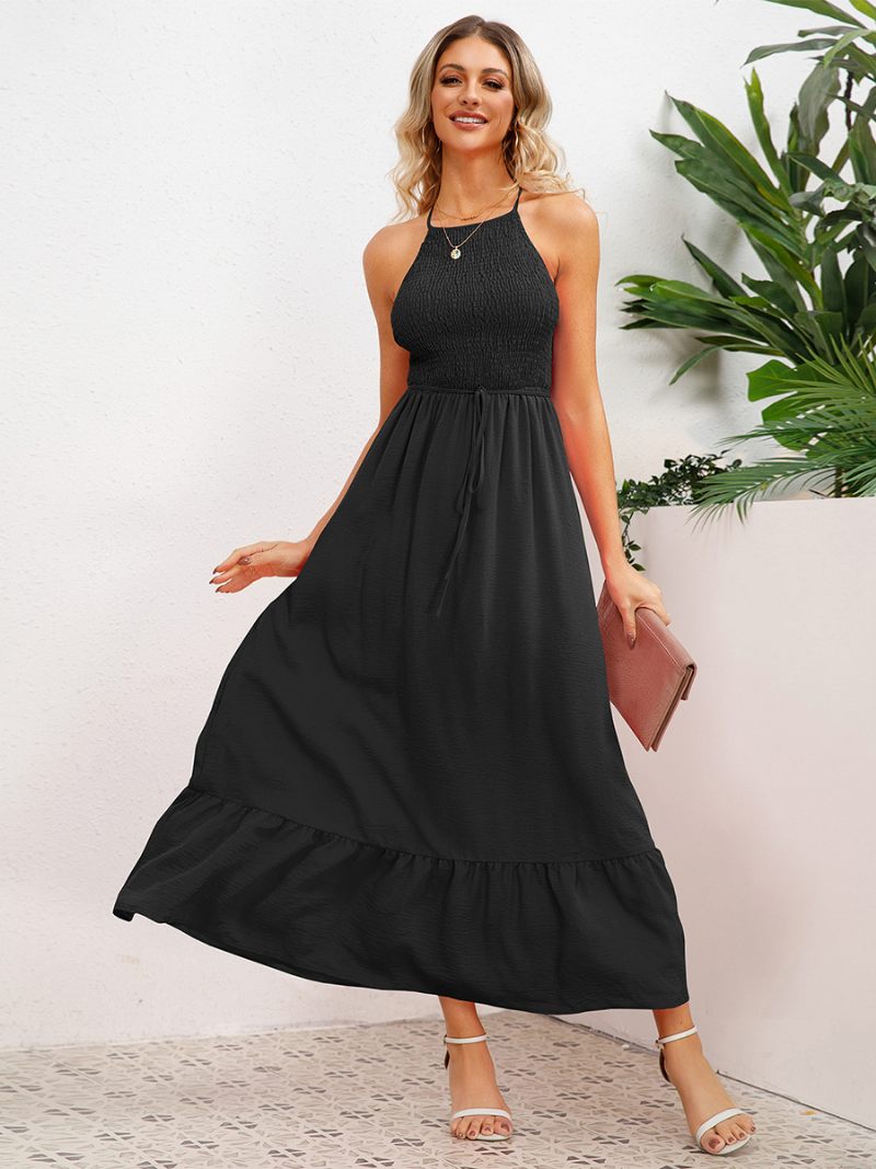 Robe Soirée Pour Femmes Col Licou Dos Ouvert Plissée Ceinture Sur Le Devant Robes Mi-longues À Plusieurs Niveaux - Noir