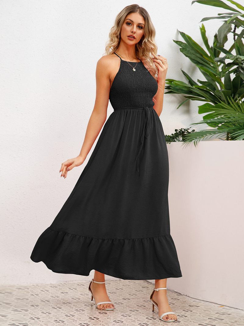 Robe Soirée Pour Femmes Col Licou Dos Ouvert Plissée Ceinture Sur Le Devant Robes Mi-longues À Plusieurs Niveaux - Noir