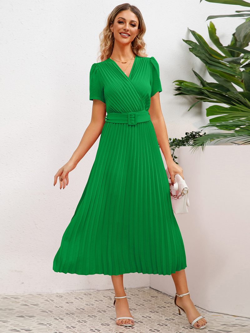 Robe Soirée Pour Femmes Col V Manches Courtes Froncée Ligne A Robes Mi-longues - Vert