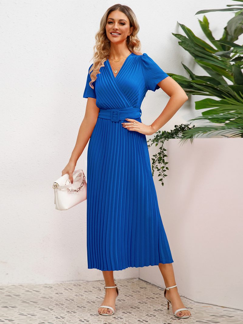 Robe Soirée Pour Femmes Col V Manches Courtes Froncée Ligne A Robes Mi-longues - Bleu