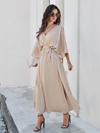 Robe Soirée Pour Femmes Dos V Ceinturée Fente Trois Quarts Robes Maxi Élégantes