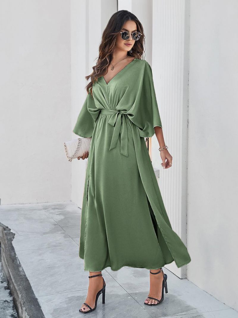 Robe Soirée Pour Femmes Dos V Ceinturée Fente Trois Quarts Robes Maxi Élégantes - Vert