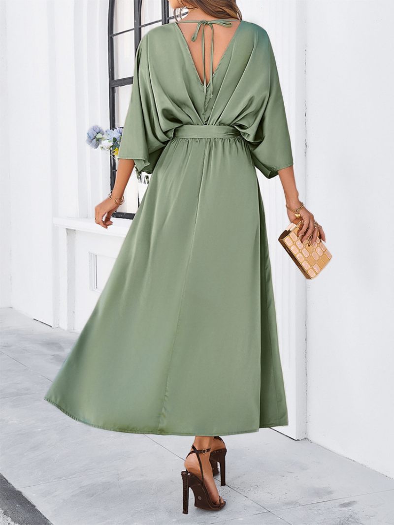 Robe Soirée Pour Femmes Dos V Ceinturée Fente Trois Quarts Robes Maxi Élégantes - Vert