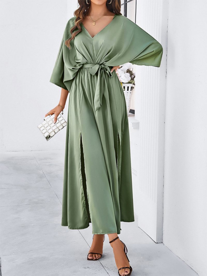 Robe Soirée Pour Femmes Dos V Ceinturée Fente Trois Quarts Robes Maxi Élégantes - Vert