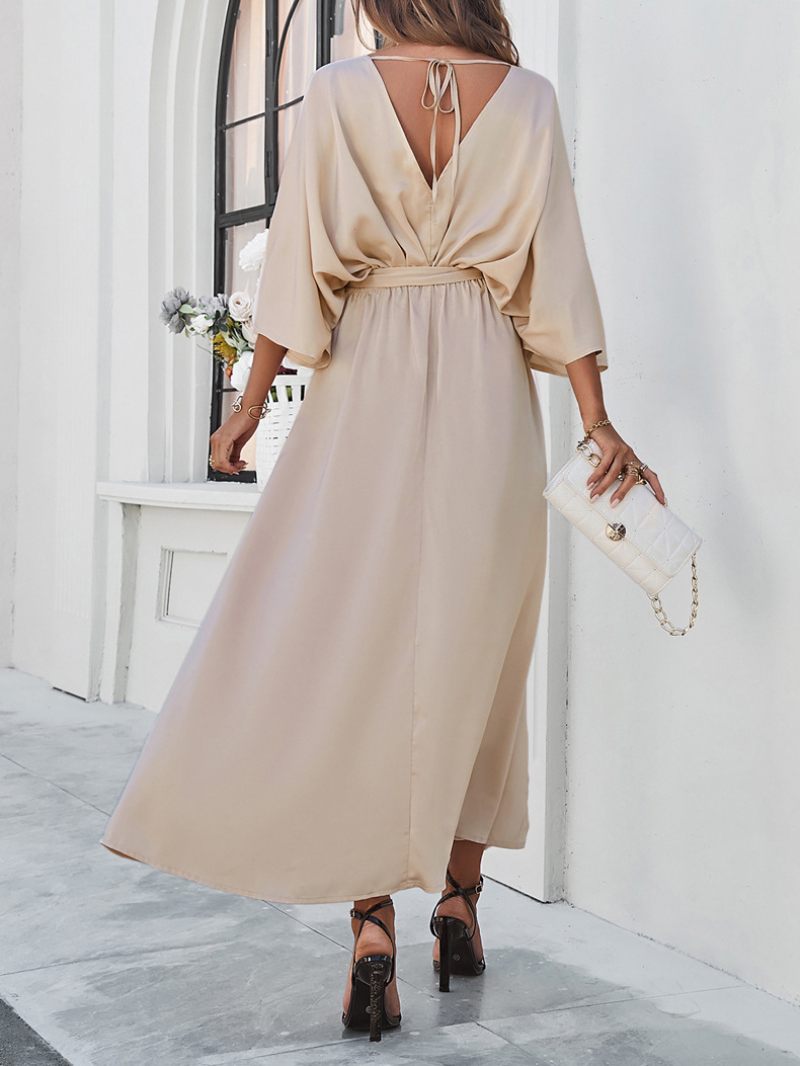 Robe Soirée Pour Femmes Dos V Ceinturée Fente Trois Quarts Robes Maxi Élégantes - Champagne