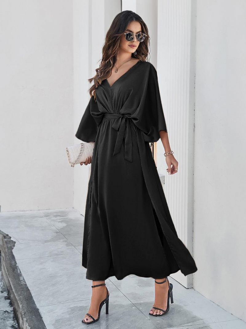 Robe Soirée Pour Femmes Dos V Ceinturée Fente Trois Quarts Robes Maxi Élégantes - Noir